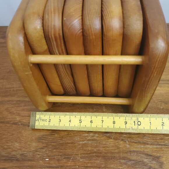Vintage Wooden Coaster Set with Holder – 6 Cork-Insert Coasters, Mid-Century Rus - Picture 8 of 10